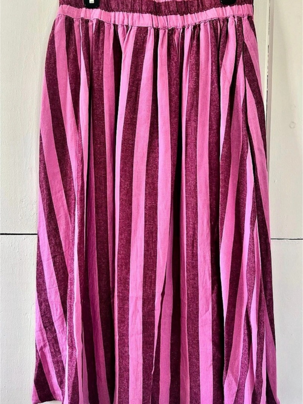 a new day Beach Bungalow Linen Midi Picnic Skirt Striped Pink & Purple Medium
